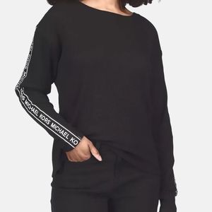 MICHAEL Michael Kors Women's Waffled Logo-Tape-Sleeve Top (Black, Large)